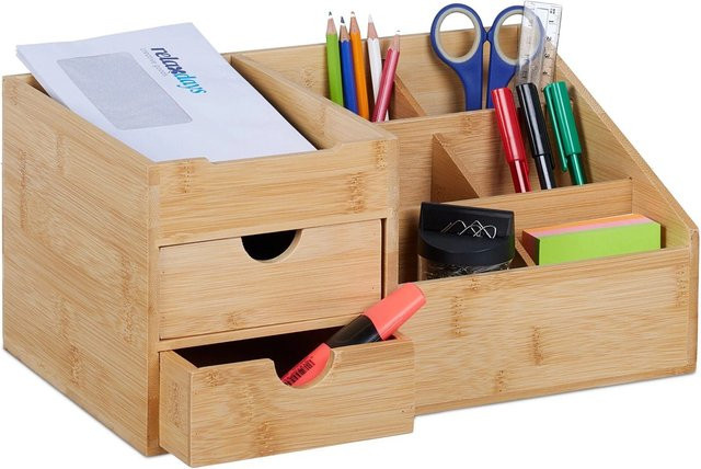 Relaxdays Schreibtisch Organizer aus Bambus in Natur mit 2 Schubladen, B/T/H: 33 x 15,5 x 20,5 cm - Bild 1