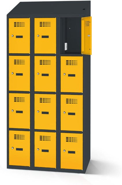 rotstahl Fächerschrank mit Ladefunktion aus Stahlblech in Gelb mit anthrazitgrauem Korpus, B: 120 cm, H: 200 cm - Bild 1