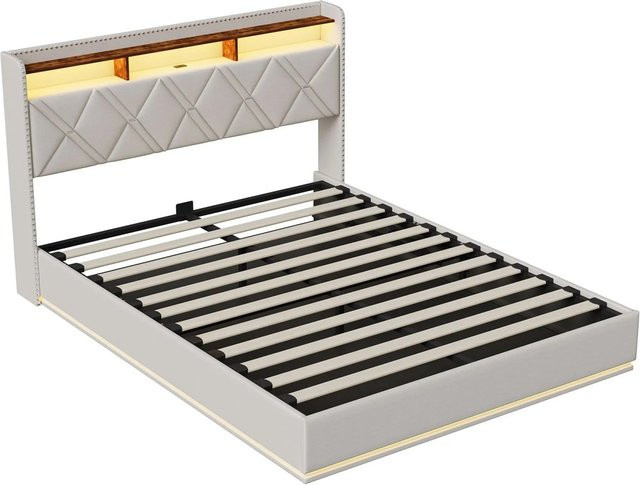 PXloue Polsterbett für Jugendliche in Beige mit LED-Unterbettbeleuchtung, USB-Anschluss und Lift-up-Funktion, B/T/H: 90 x 200 x 106,5 cm - Bild 1