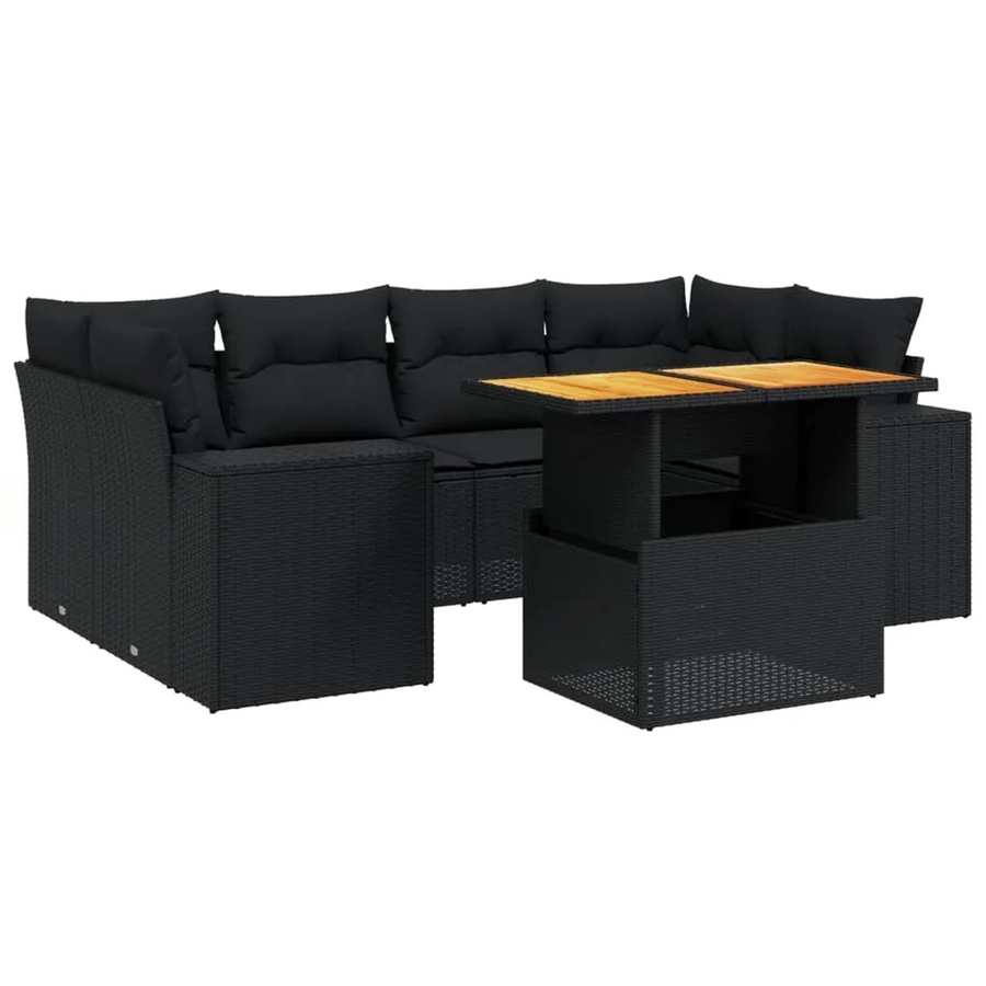 vidaXL 7-teilige Garten-Sofagarnitur in L-Form aus schwarzem Poly-Rattan mit Kissen und Akazienholz - Bild 2