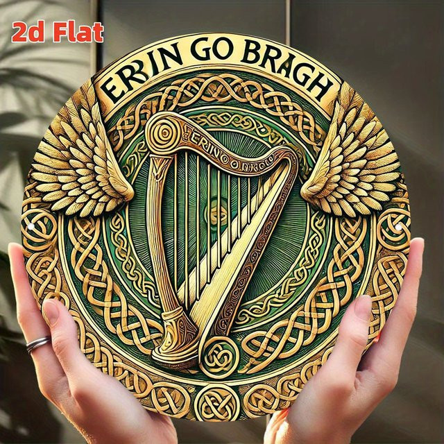 Potdemiel Keltische Wanddekoration Erin Go Bragh mit goldener Harfe, runde Aluminium-Metallplakette, Durchmesser: 20 cm - Bild 1