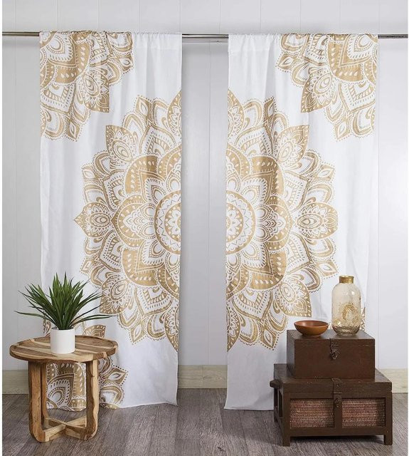 Mandala Yoga Vorhänge im Bohemian Hippie Stil, 2er-Set, Mehrfarbig, semi-transparent, mit Ösen, Breite: 67 cm, Höhe: 245 cm - Bild 1