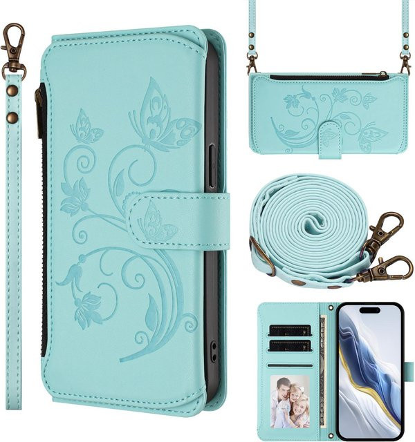 Geprägte Leder Flip Wallet Hülle für OPPO in Türkis - Bild 1