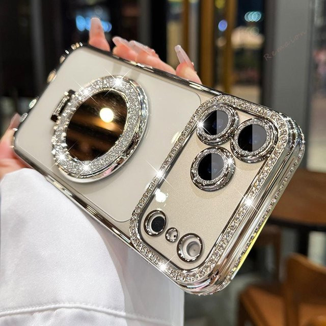 Diamant Magnetische Spiegel Schutzhülle für Apple iPhone 17 Air 16 15 14 13 12 11 Pro Max Plus MagSafe kompatibel in Transparent Silver Glitzer Design - Bild 1