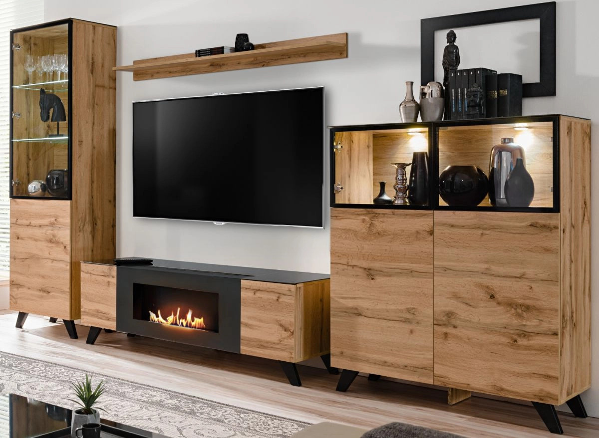 TV-Lowboard Heritage von Inn.Furn in Wotan Eiche und Schwarz mit integriertem Kamin, Breite: 150 cm, Tiefe: 46 cm, Höhe: 47 cm - Bild 5