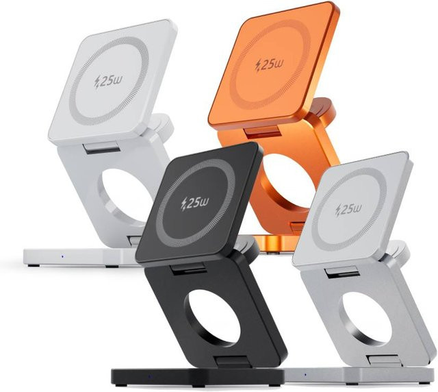 ILEPO 3-in-1 Magnetischer Qi2 Kabelloser Ladeständer 25W Faltbar für iPhone, Apple Watch und AirPods in Silber - Bild 1