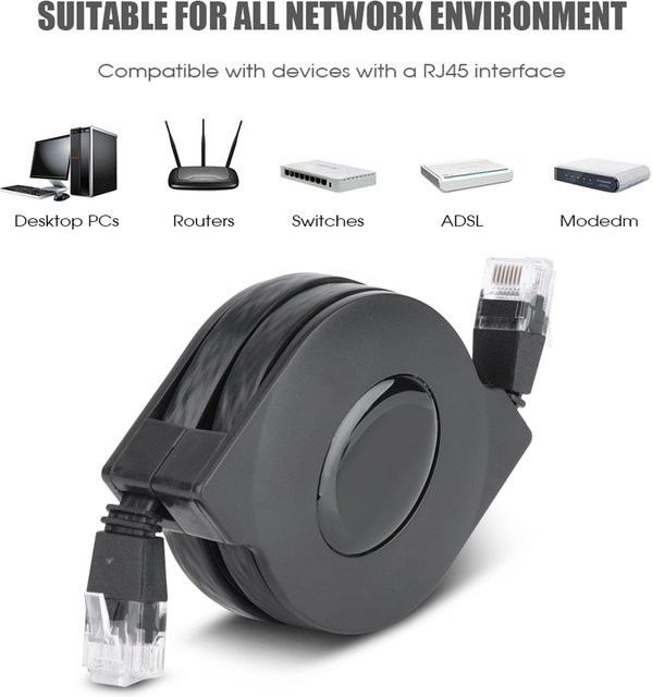 Qiilu CAT6 RJ45 LAN-Netzwerkkabel, einziehbar, Schwarz - Bild 1