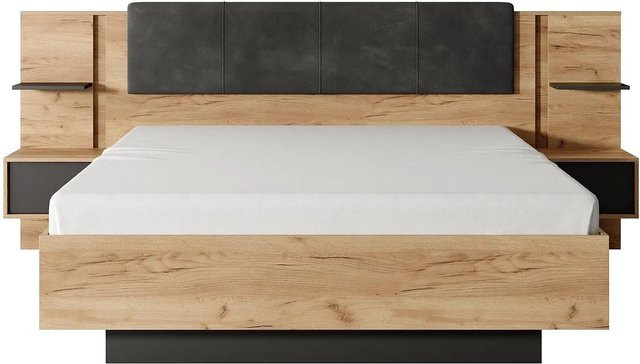 Bettrahmen Elynia von Vente-unique in Anthrazitgrau und Naturfarben Hell mit Nachttischregal, B/T/H: 160 x 200 cm - Bild 1