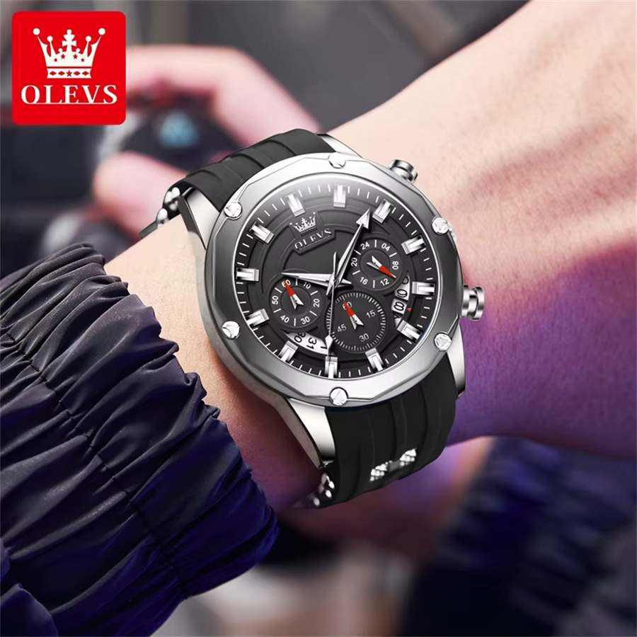 OLEVS Chronograph Herren-Armbanduhr, Quarz, Silikonarmband, Schwarz - Bild 3