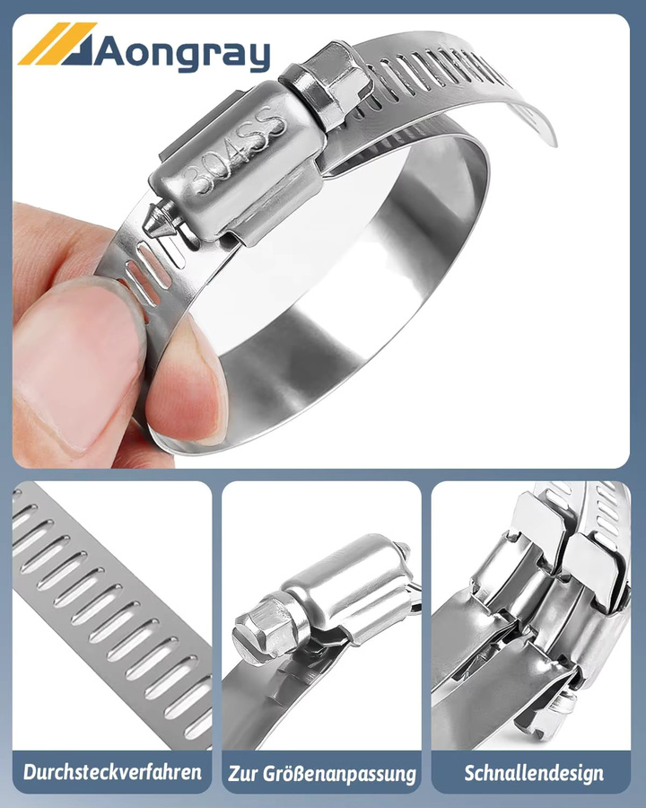 Schlauchschellen-Sortiment-Kit aus 304 Edelstahl in Silber mit 30 m zuschneidbarem Metallband und 12 verstärkten Befestigungselementen mit verstellbarem Schneckengetriebe - Bild 4