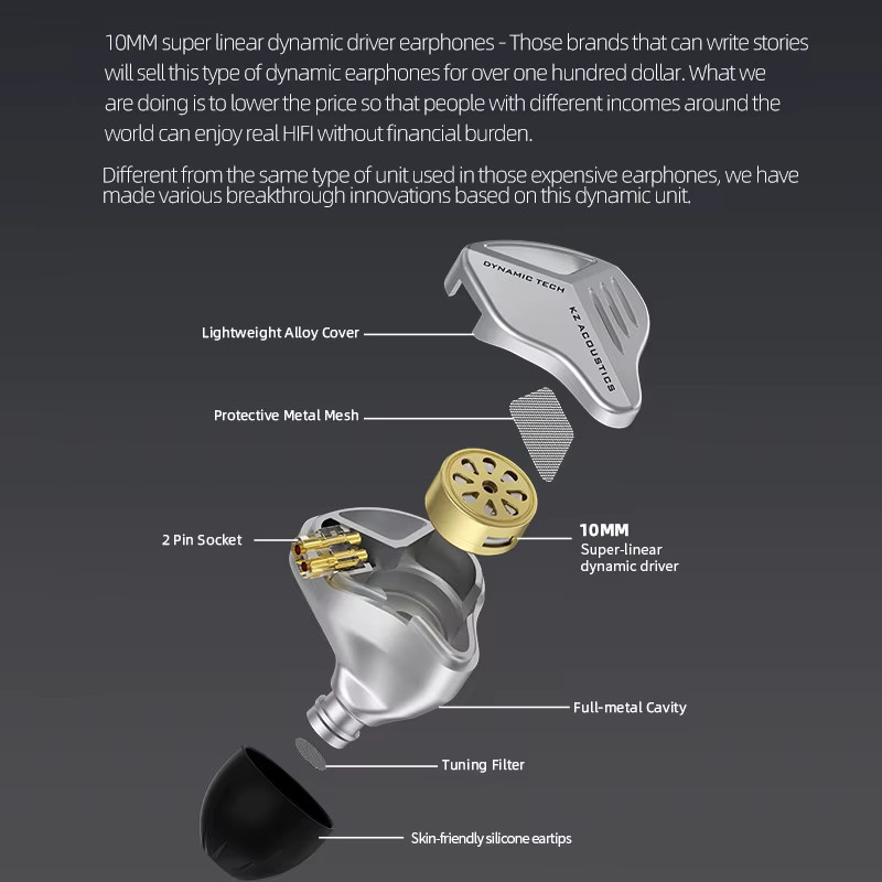 KZ ZVX In-Ear Monitor Kopfhörer mit dynamischem HIFI Bass und 2PIN Kabel in Schwarz und Silber - Bild 2