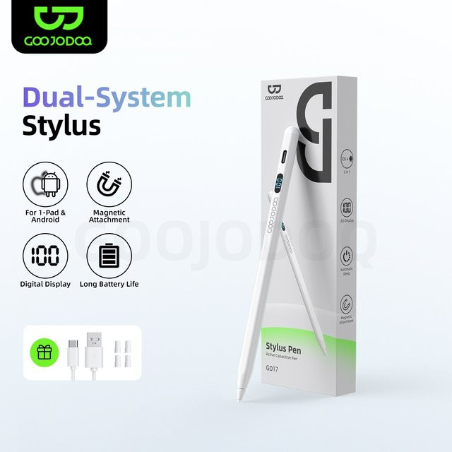 GOOJODOQ GD017 2-in-1 Dual-System Eingabestift in Weiß für iPad und Android mit Digitalanzeige und magnetischer Absaugung - Bild 1