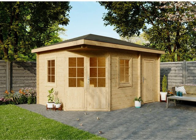 Fjordholz Gartenhaus Evelyn 3D als 5-Eck Log Cabin in Braun mit Walmdach und Fenster sowie Tür - Bild 1