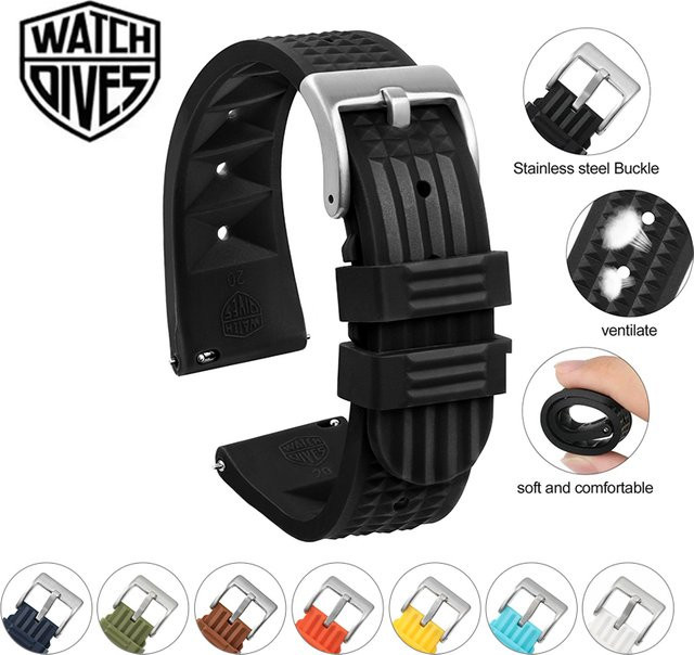 Watchdives Uhrenarmband Kautschuk, Edelstahl, Schwarz, Unisex - Bild 1
