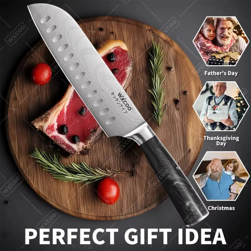 WXCOO Professionelles Küchenmesser Set in Silber mit Aufbewahrungsbox, bestehend aus Fleischmesser, gezahnten Steakmessern, Santoku und Fischfiletiermesser - Bild 3