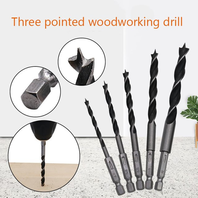Popolle 5-teiliges Set Dreizack-Holzbearbeitungsbohrer mit 1/4 Sechskantgriff für Holz und Metall, Durchmesser: 4 mm, 5 mm, 6 mm, 8 mm, 10 mm - Bild 1