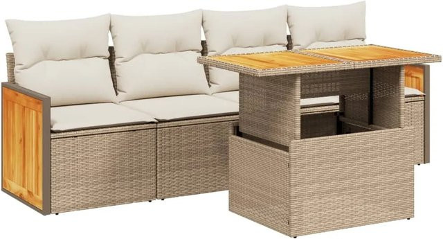 vidaXL 5-tlg Garten-Sofagarnitur aus Polyrattan und Akazienholz in Beige mit Kissen und Tisch - Bild 1