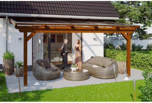 Skan Holz Terrassenüberdachung Ancona aus Leimholz in Nussbaum Braun B/T/H: 541 x 400 cm mit Polycarbonat Dach - Bild 1