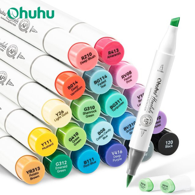 Ohuhu Honolulu Alkohol-Marker Set mit 24 Farben, nachfüllbare Doppelspitze Marker für Manga, Skizzen und Zeichnungen, Multicolor - Bild 1