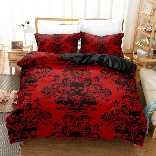 Lodestar Bettwäscheset Gothic Stil mit Schädel-Motiv in Rot, bestehend aus Bettbezug und Kissenbezügen, B/H: 135 x 200 cm - Bild 1