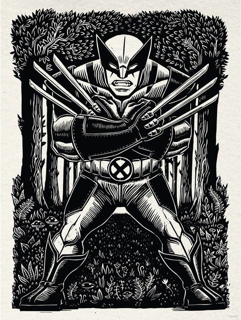 Komar Wandbild Marvel Wolverine Lino-Cut Paper Poster Schwarz-Weiß, Breite: 30 cm, Höhe: 40 cm - Bild 1