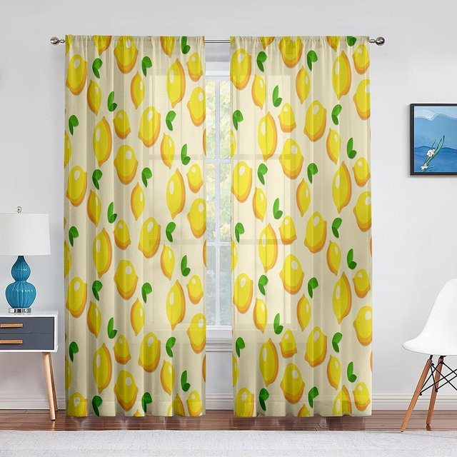 Moderne Tüllvorhänge mit Zitronen- und Blättermuster von Super Six, transparent in Gelb und Grün, Breite: 100 cm, Höhe: 250 cm - Bild 1