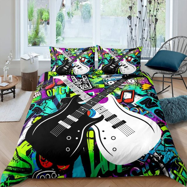 Wucifang Bags Bettwäsche-Set mit Gitarren-Motiv aus Mikrofaser, Grau/Mehrfarbig, B/H: 140 x 210 cm - Bild 1