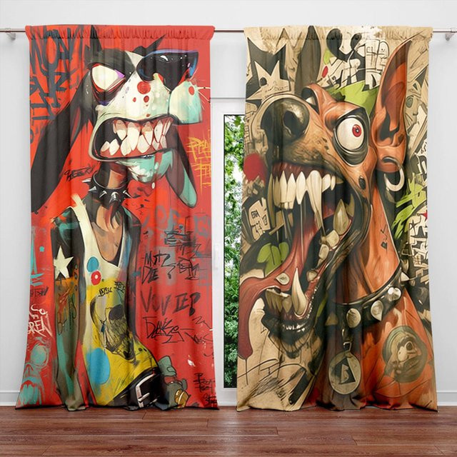 2er-Set Hund Vorhang mit Grafikprint, halbtransparent, modern, Mehrfarbig, B: 52,5 cm x H: 116 cm - Bild 1