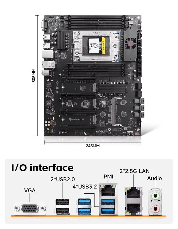 HUANANZHI H12D-8D AMD Motherboard für AMD EPYC 7002 und 7003 Serie mit 8-Kanal DDR4 Speicher und Dual 2.5G Netzwerk IPMI in Schwarz - Bild 4