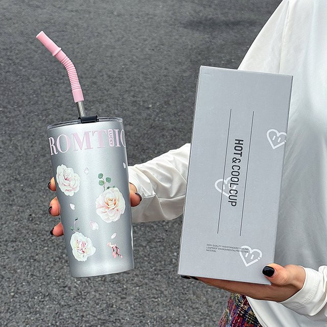 VRIUKNT Isolierflasche aus Edelstahl mit Blumenmuster, 520 ml, pink und grau mit Strohhalm - Bild 1