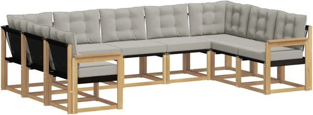 vidaXL Outdoor-Sofagarnitur L-Form aus Akazienholz und Textilene in Weiß-Hellgrau mit Kissen und Armlehnen - Bild 1