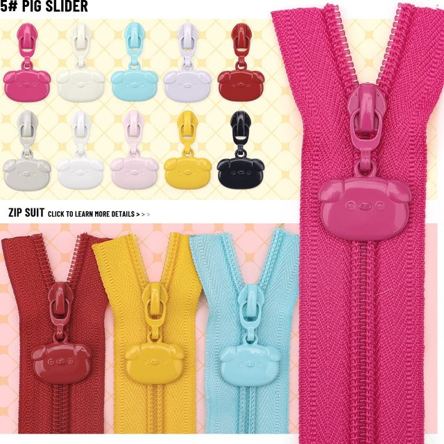 5er Set Changsons Nylon-Reißverschlüsse mit niedlichen Schweinchen-Anhängern in Multicolour, Gesamtlänge: 4,57 m - Bild 1