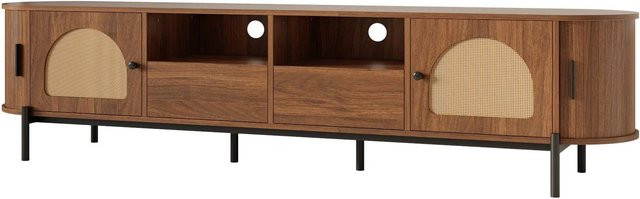 okwish TV Schrank in Braun mit Rattan-Schiebetüren und Schubladen, skandinavisches Design mit Metallbeinen, B/T/H: 200 x 40 x 49,5 cm - Bild 1