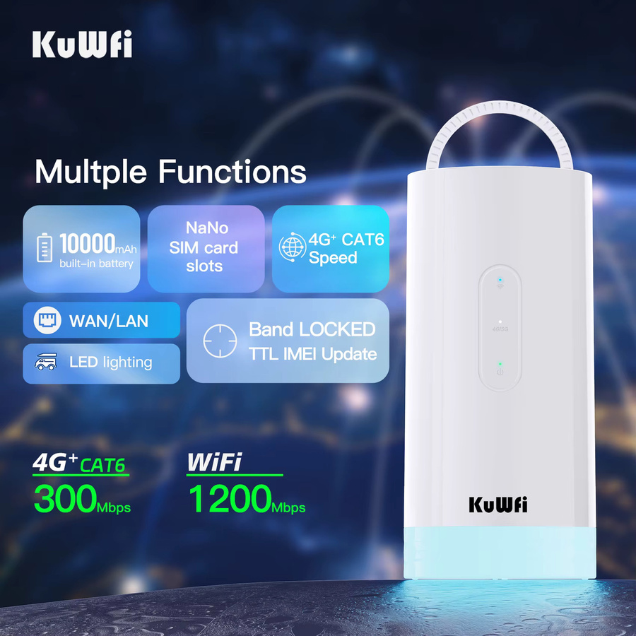 KuWFi Tragbarer CAT6 4G LTE Router mit 10000mAh Akku und LED-Beleuchtung, Dual-Band WLAN Hotspot 1200Mbps in Weiß - Bild 2
