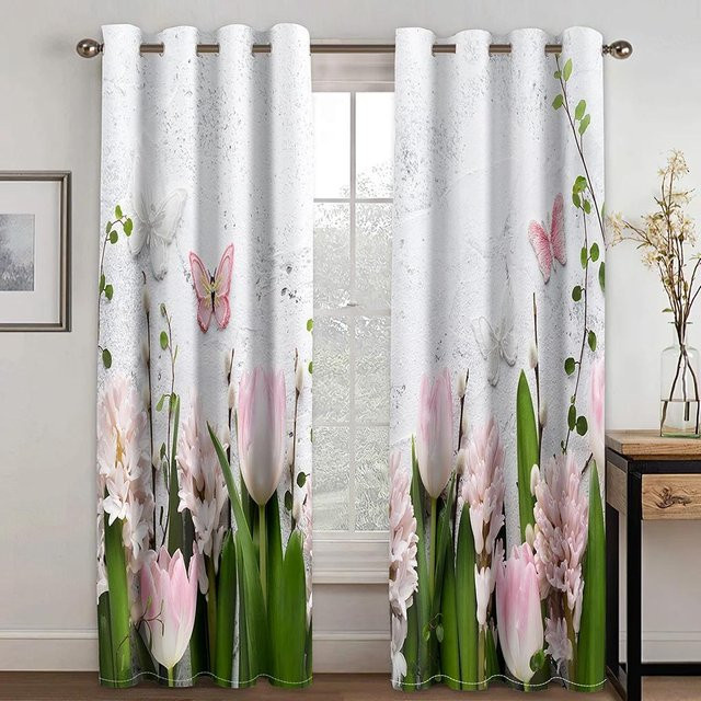 Yiran Furniture Vorhänge mit Tulpenblumen-Muster in Lila und Multicolour, blickdichte Fensterdekoration aus Polyester, B: 55 cm, H: 120 cm - Bild 1