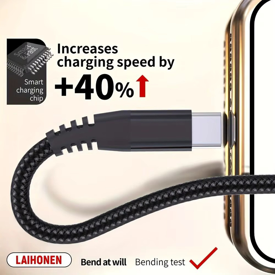 LAIHONEN USB-C zu C Datenkabel mit 90 Grad Winkel, 60W PD Schnellladung und Nylon-Ummantelung, Schwarz oder Grau - Bild 5