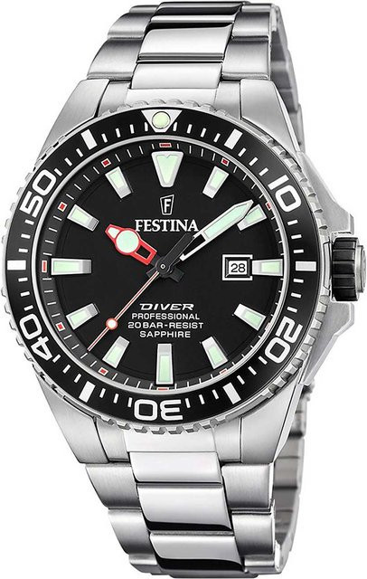 Festina Herrenuhr Professional Diver, Quarz, Edelstahl, 45 mm, Schwarz - Bild 1