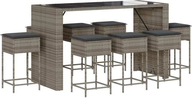 vidaXL 9-tlg Gartenbar-Set aus Poly-Rattan mit Kissen und Hartglas in Grau - Bild 1