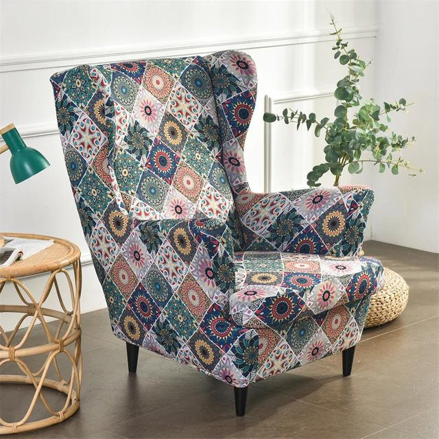 Bunter Ohrensesselbezug aus Stretch-Spandex im Boho-Design mit Sitzkissenbezügen und Fußhocker-Überwurf, Mehrfarbig - Bild 1