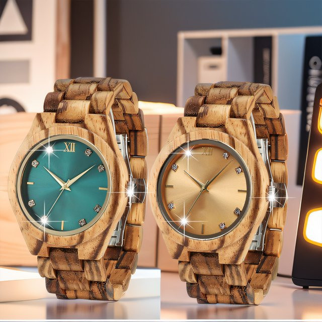 Rainch Armbanduhr Damen, Gold, Holz, Diamant, Analoguhr - Bild 1
