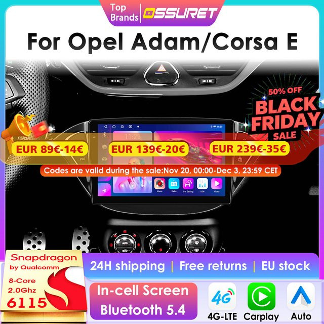 Ossuret Android 12 Autoradio mit CarPlay und 4G-LTE für Opel Adam 2011-2015 und Opel Corsa E 2013-2016, 2DIN Multimedia Player, Schwarz - Bild 1