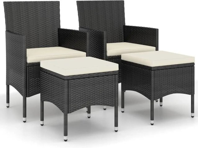 Furnicato Gartenstuhl und Hocker Set 4-teilig aus PE-Rattan und Stahl in Schwarz mit cremeweißen Sitzkissen, B/T/H: 53 x 58 x 84 cm - Bild 1