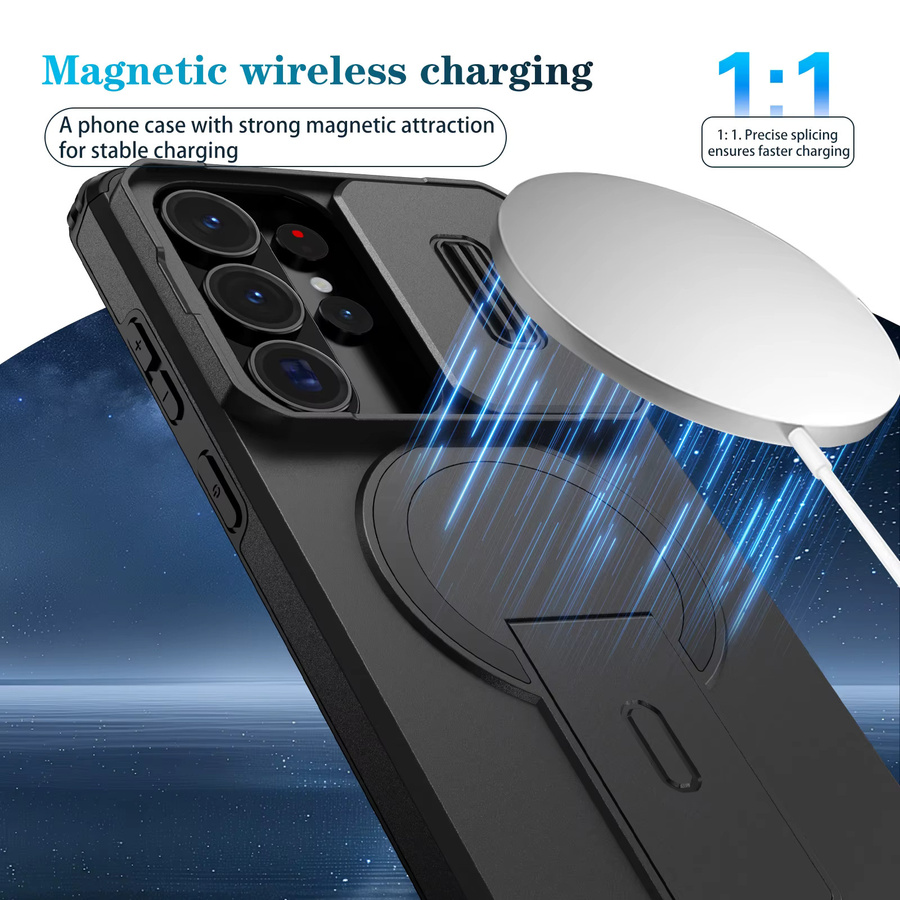 Huikai Stoßfeste Handyhülle für Samsung Galaxy S26 Ultra mit Ständer, Schiebe-Kameraabdeckung und MagSafe-Kompatibilität, Schwarz - Bild 3