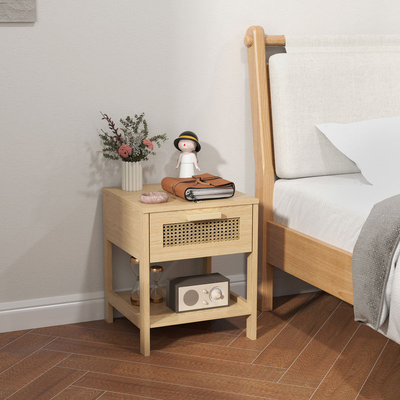 HOMCOM Nachttisch mit Rattan-Design in Natur, Beistelltisch mit Schublade und offener Ablage, B/T/H: 40 x 40 x 48,4 cm - Bild 2