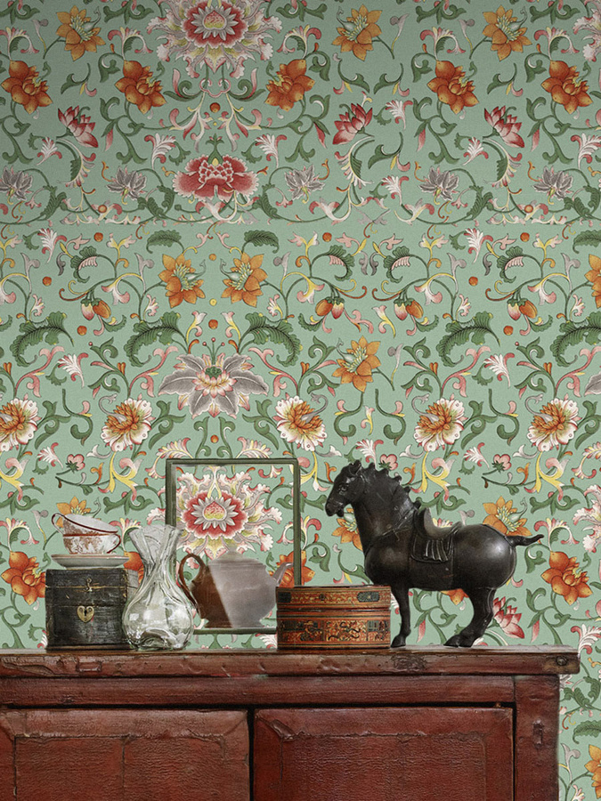 MINDTHEGAP Wandtapete Chinese Floral Mural in Grün, Orange und Multicolour, Non-Woven, B: 520 cm, H: 300 cm - Bild 1