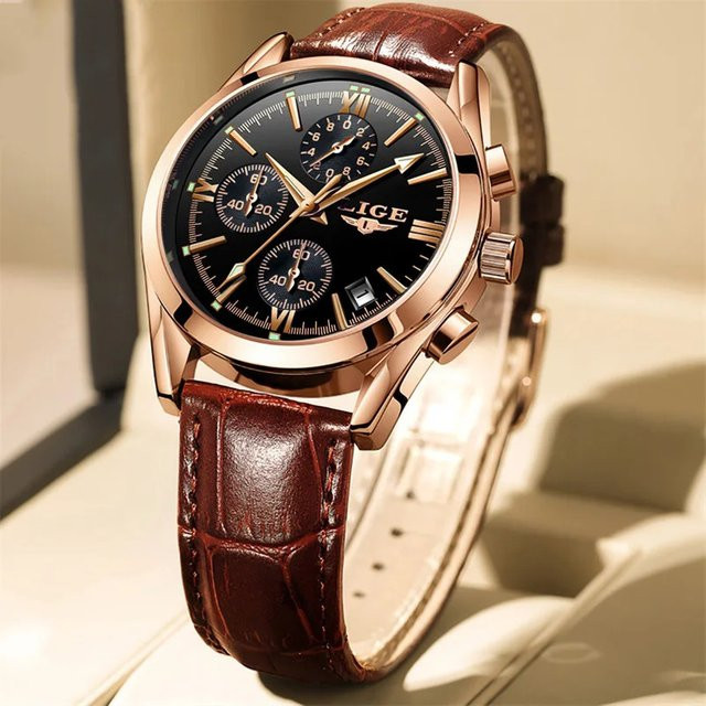 LIGE Chronograph Herren, Quarz, Leder, Schwarz, Roségold, Bicolor - Bild 1