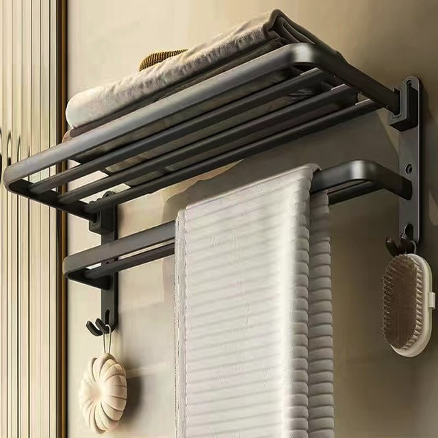 YUNJIEYA Wand-Handtuchhalter für das Badezimmer in Schwarz mit Aufbewahrungsregal und selbstklebender Montage ohne Bohren - Bild 1