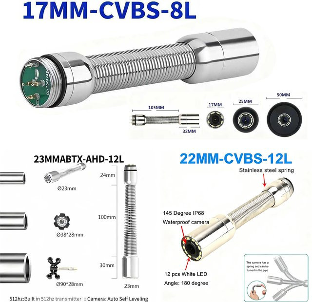 GAMWATER Kanalinspektionskamera Ersatz-Kamerakopf 17/22/23mm 512Hz IP68 Wasserdicht für Abfluss und Kanalisation in Silber - Bild 1