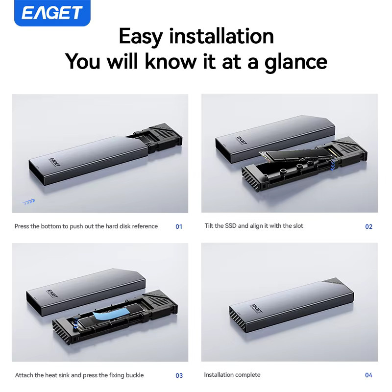 EAGET M.2 SSD-Gehäuse für NVMe und NGFF, 10 Gbit/s USB-C Adapter, Grau - Bild 3