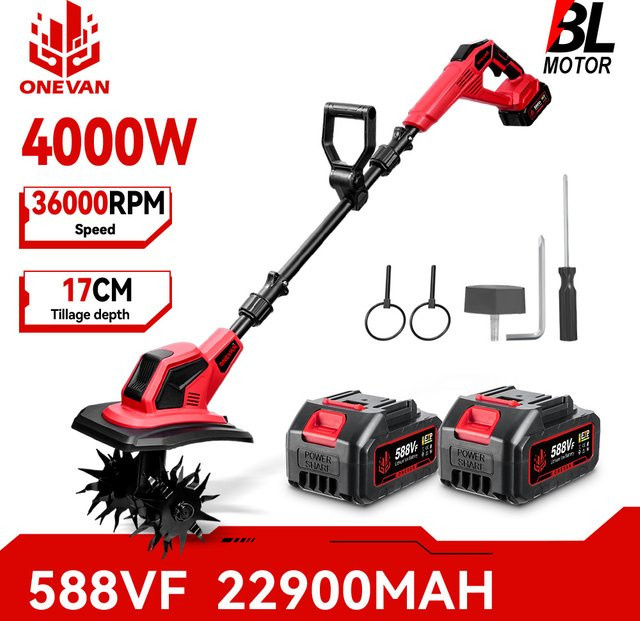 ONEVAN Elektrische Bodenfräse Rototiller 4000W in Rot für Makita 18V Akku LXT - Bild 1